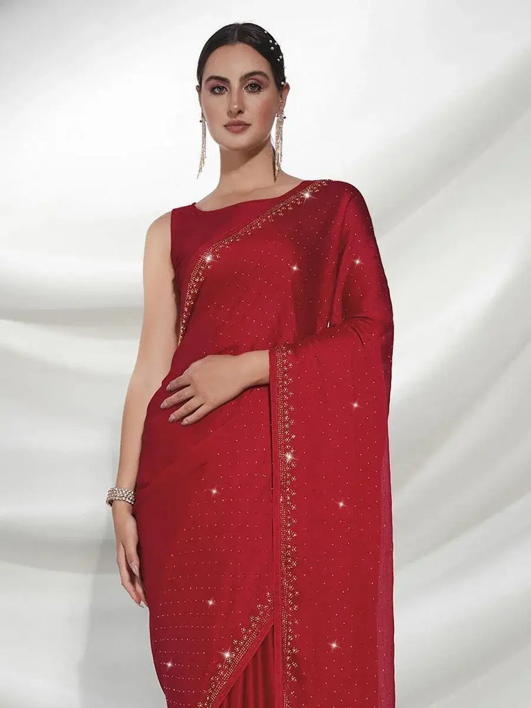Beautiful Red Swarovski Work Satin Wedding Wear Saree With Blouse