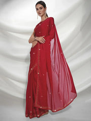 Beautiful Red Swarovski Work Satin Wedding Wear Saree With Blouse