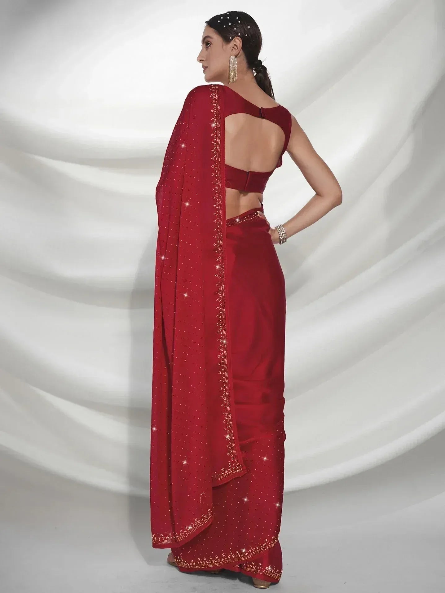 Red designer saree with sequin border and backless blouse, ethnic wear for women