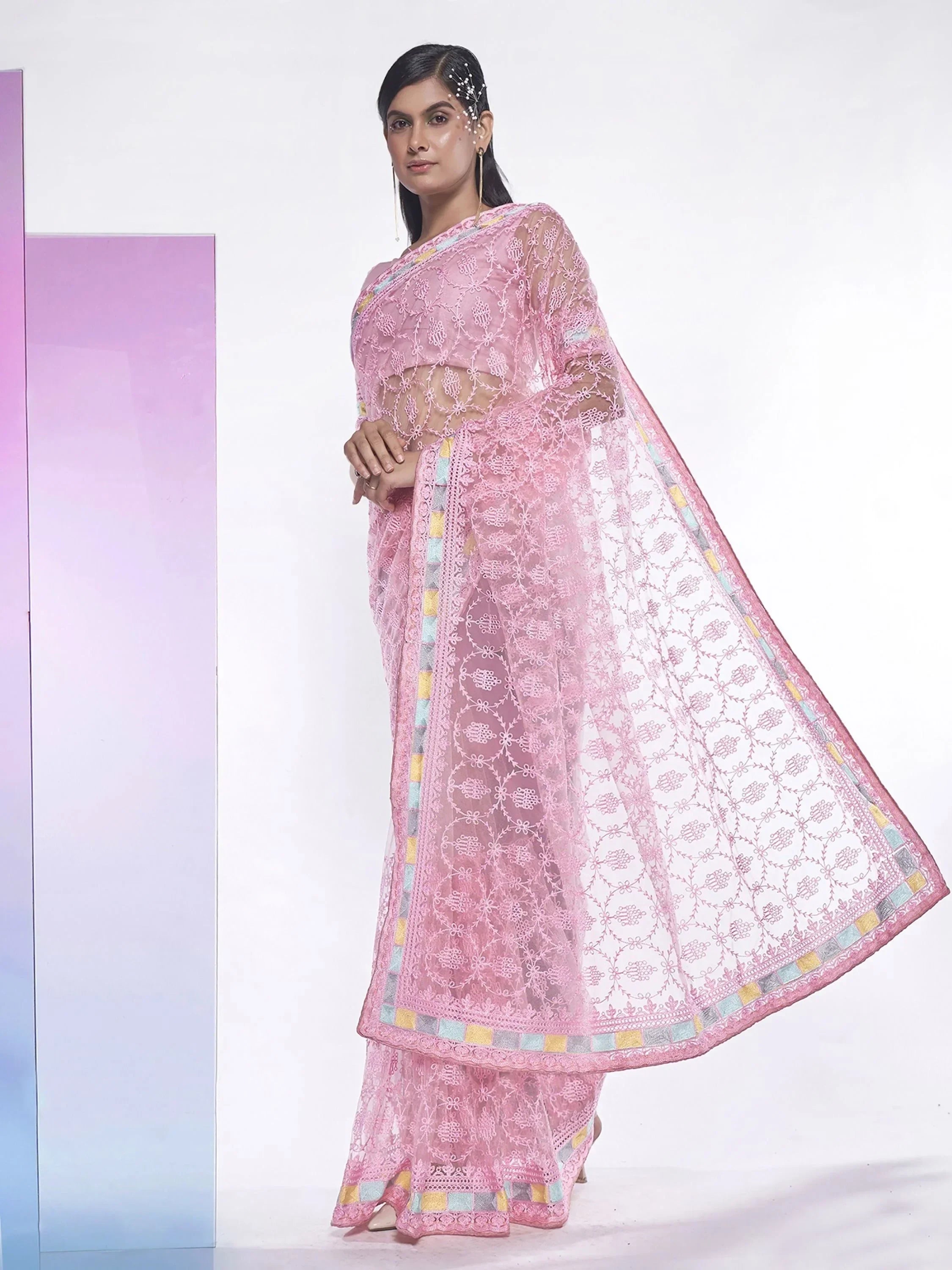Spectacular Pink Embroidered Net Designer Saree With Blouse