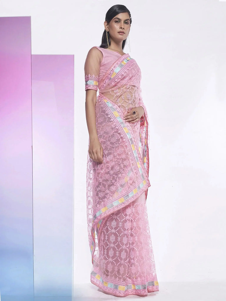 Spectacular Pink Embroidered Net Designer Saree With Blouse