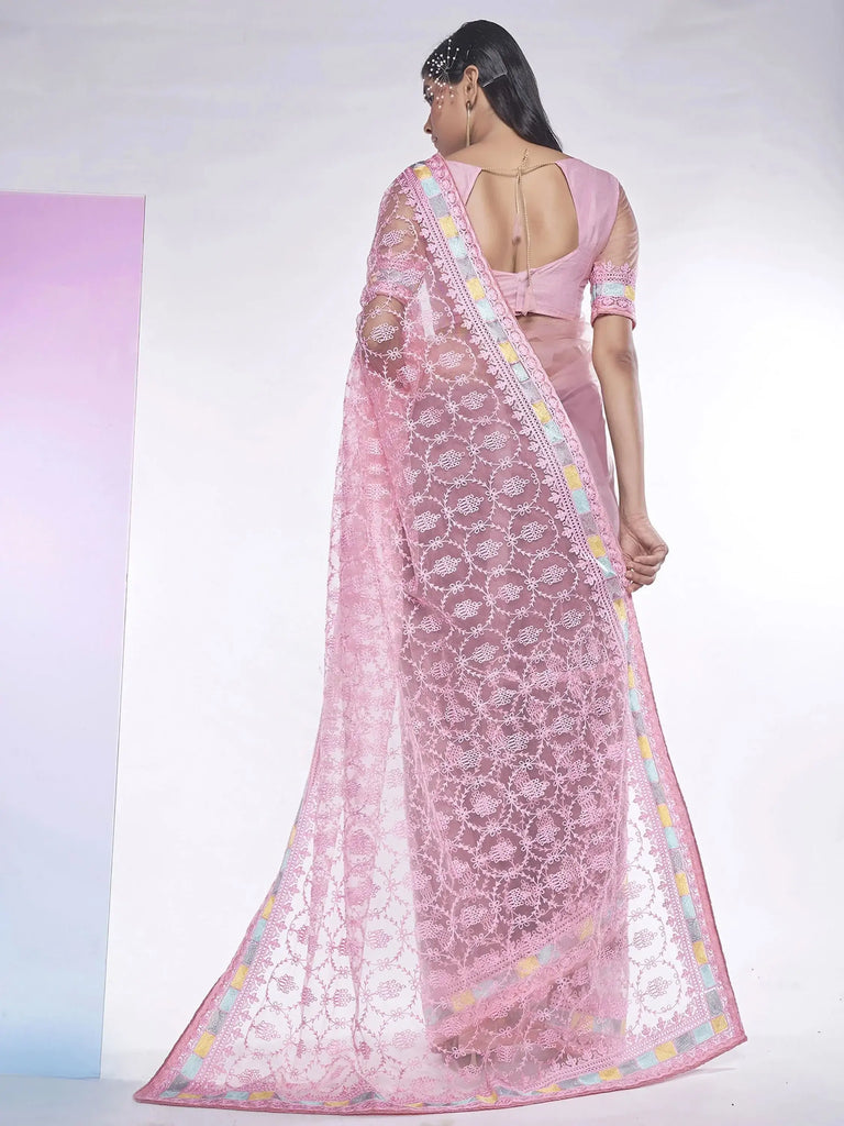 Spectacular Pink Embroidered Net Designer Saree With Blouse