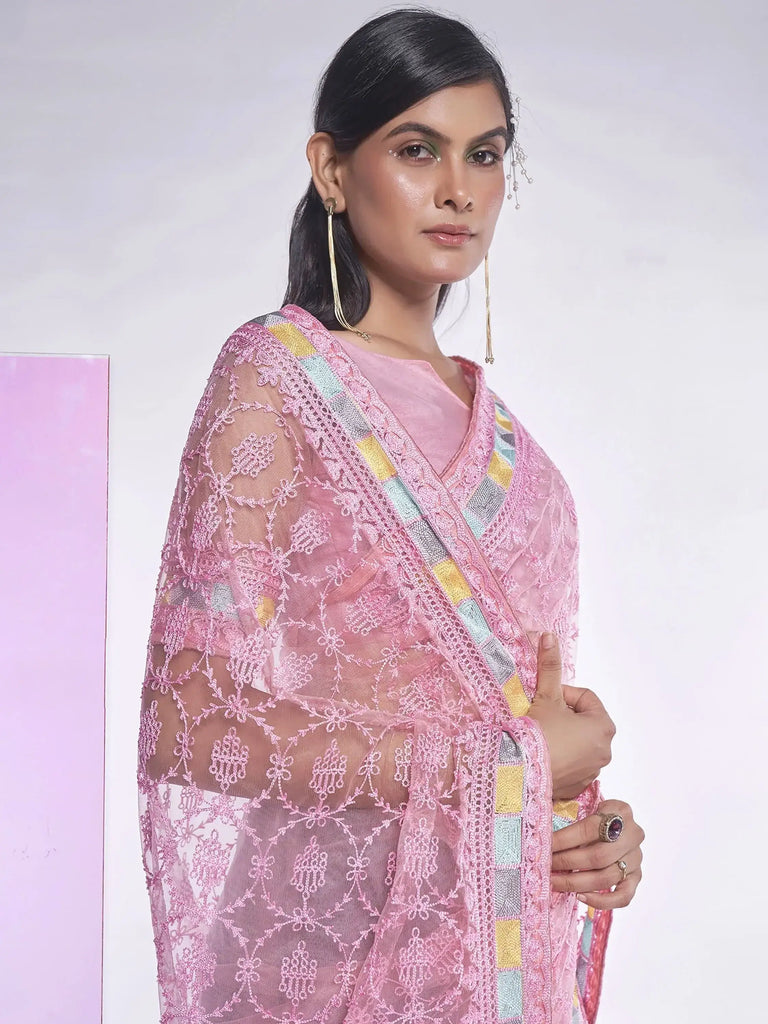 Spectacular Pink Embroidered Net Designer Saree With Blouse
