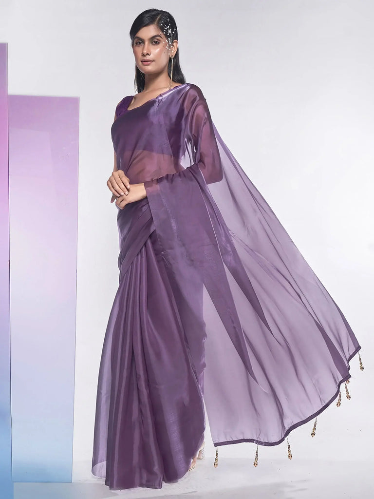 Gorgeous Purple Organza Party Wear Plain Saree With Blouse