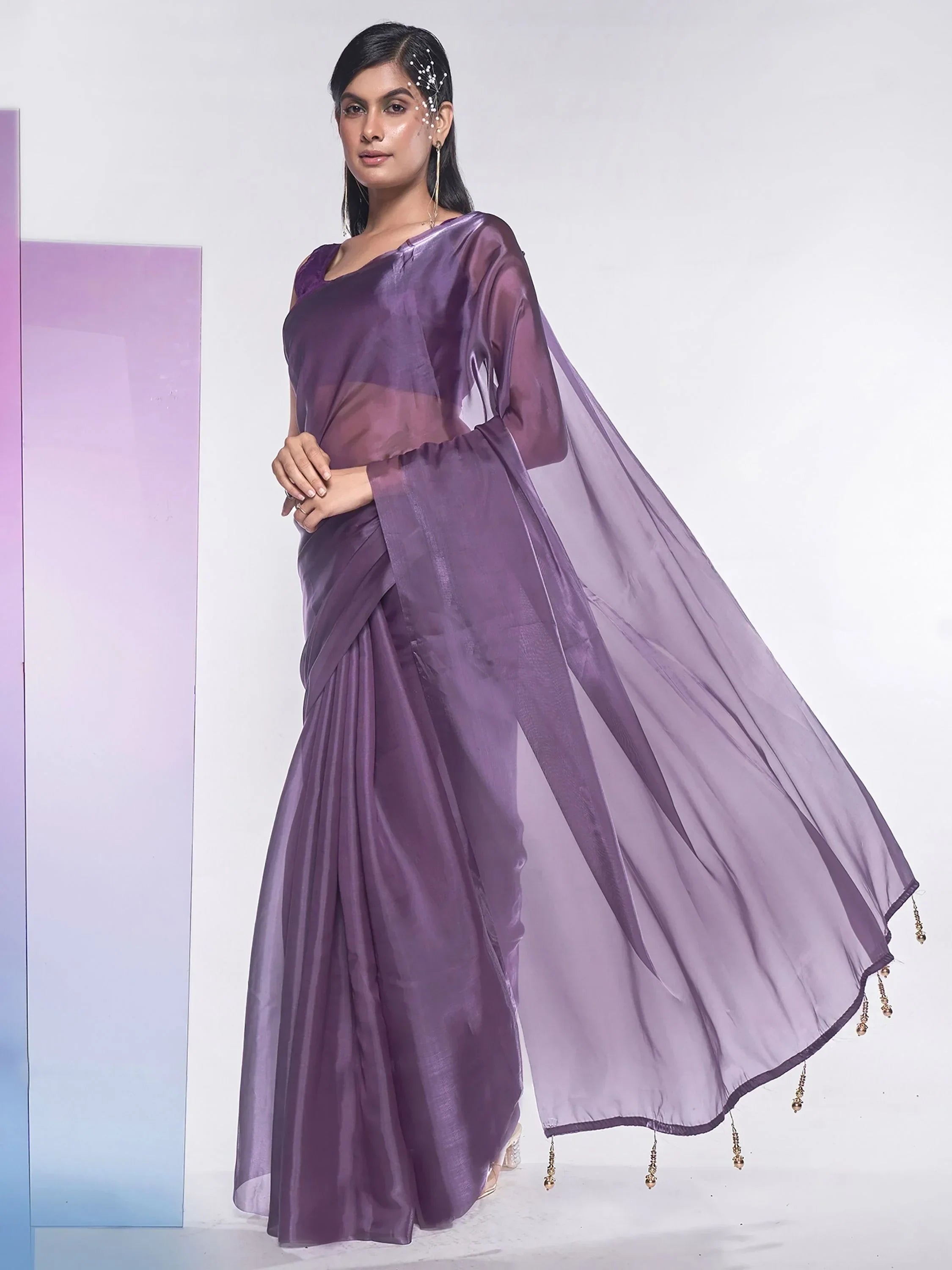 Gorgeous Purple Organza Party Wear Plain Saree With Blouse