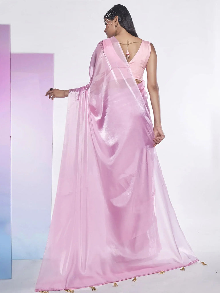 Captivating Pink Organza Reception Wear Plain Saree With Blouse