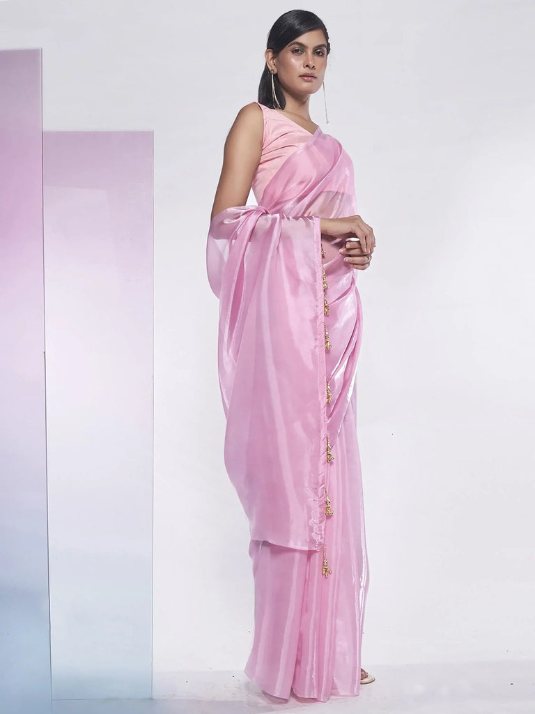 Captivating Pink Organza Reception Wear Plain Saree With Blouse