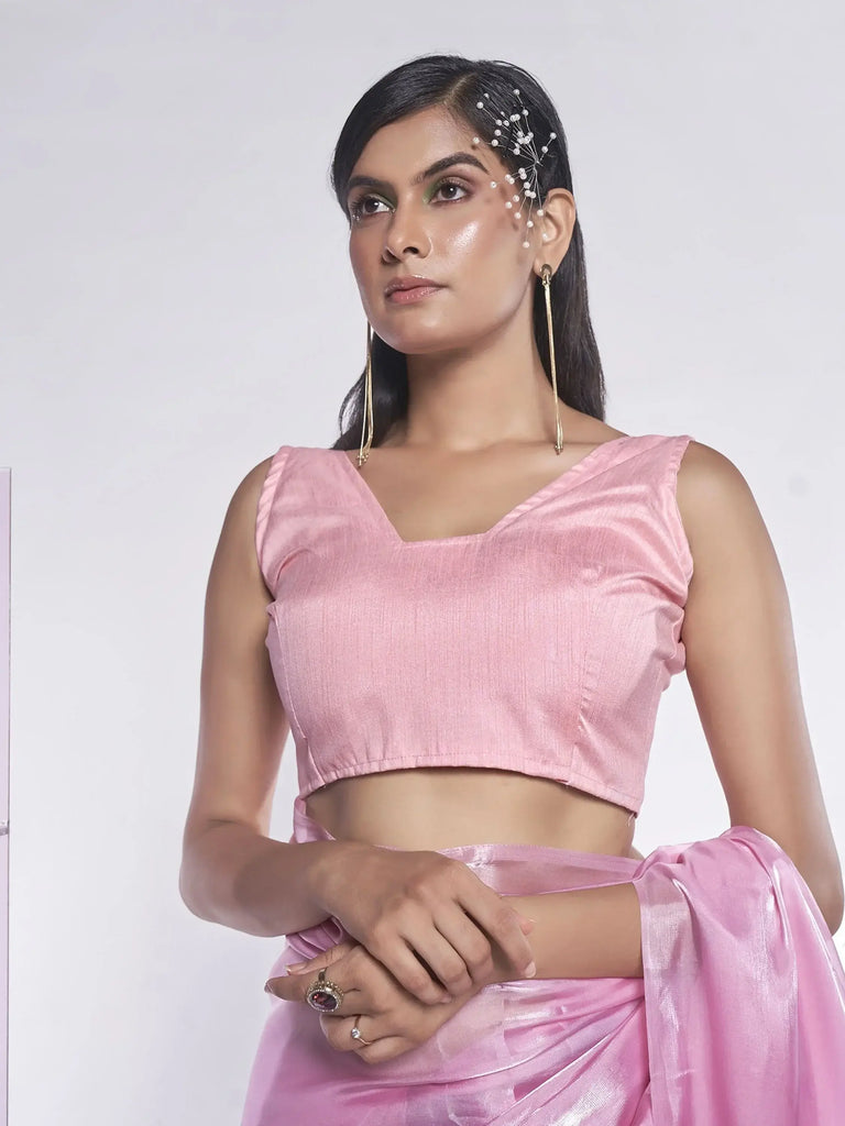 Captivating Pink Organza Reception Wear Plain Saree With Blouse