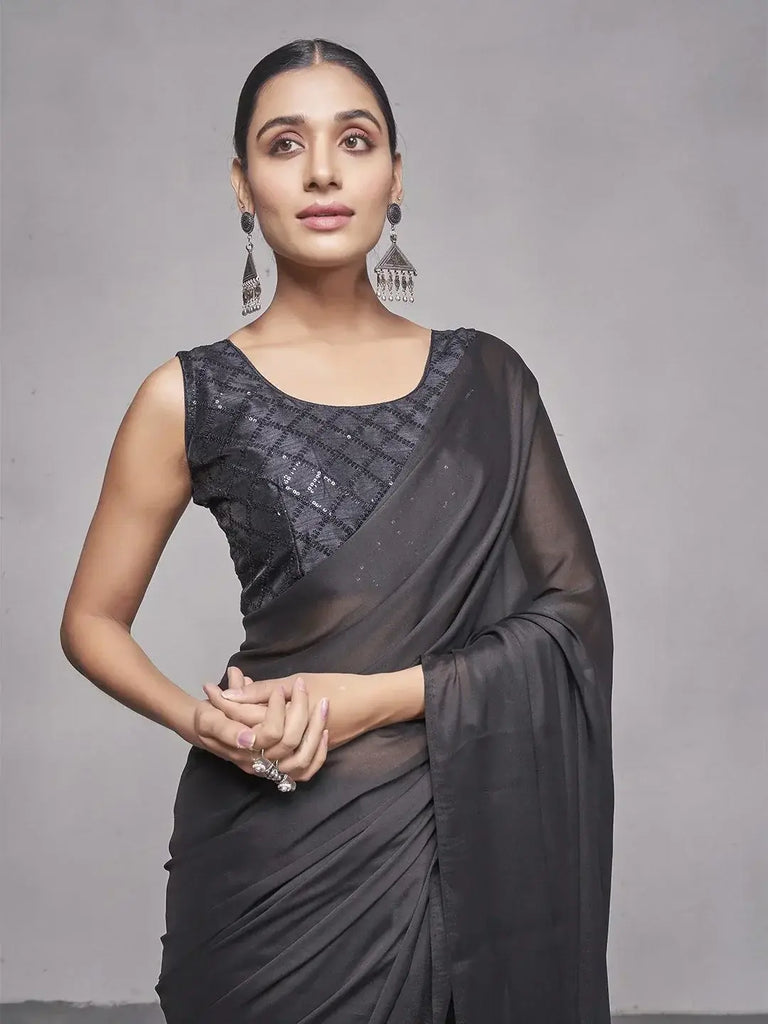 Attractive Black Chiffon Reception Wear Plain Saree With Blouse