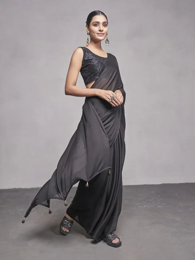 Attractive Black Chiffon Reception Wear Plain Saree With Blouse