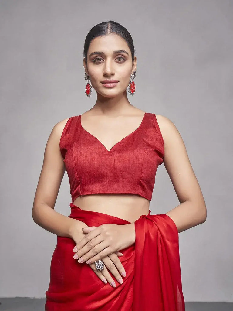 Mesmerizing Red Chiffon Party Wear Plain Saree With Blouse