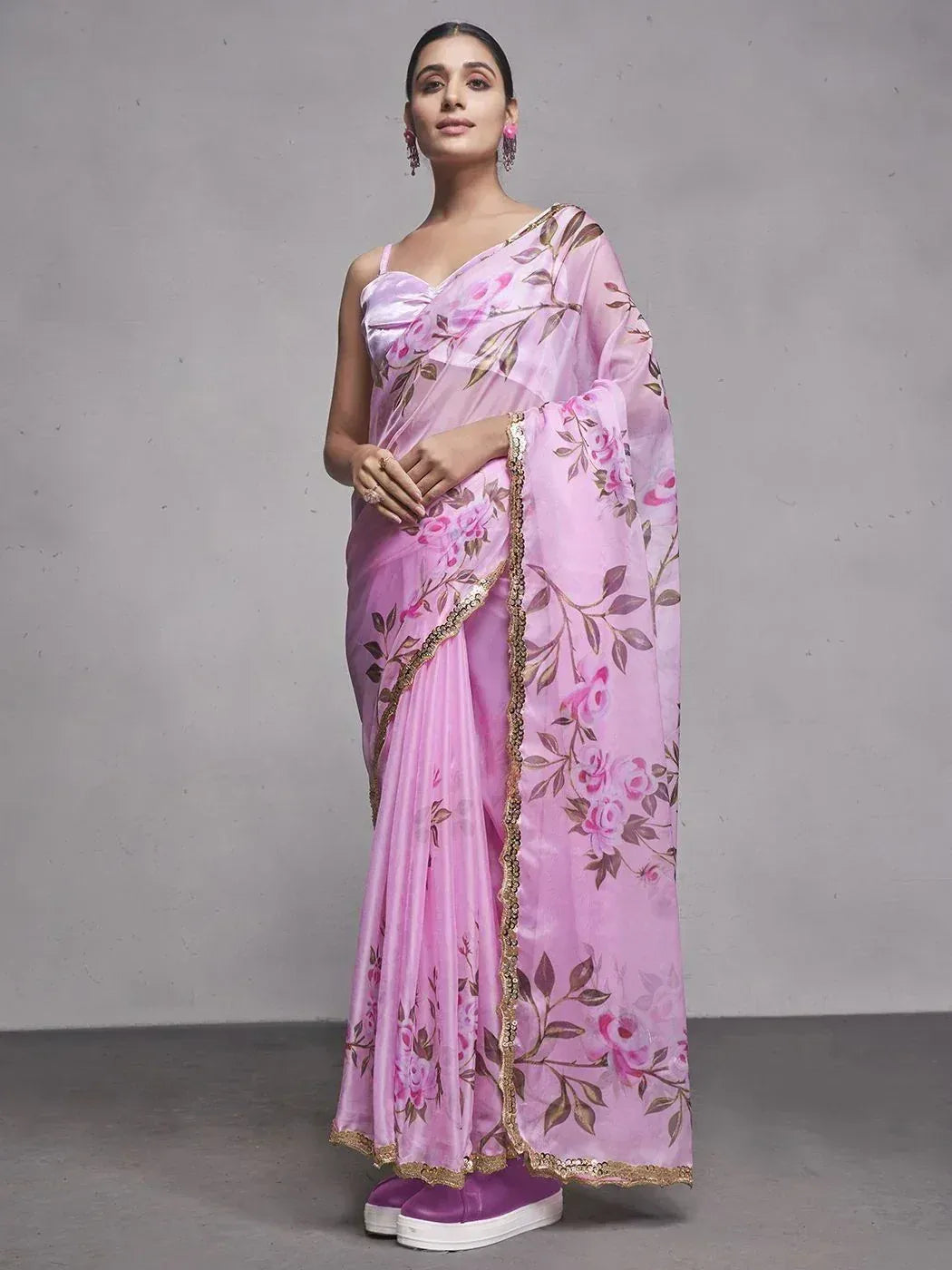 Pink floral printed saree with gold border, stylish ethnic wear for women