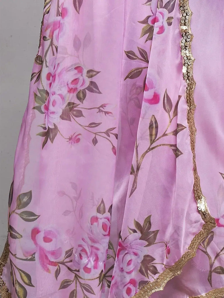 Tantalizing Pink Floral Printed Organza Party Wear Saree With Blouse