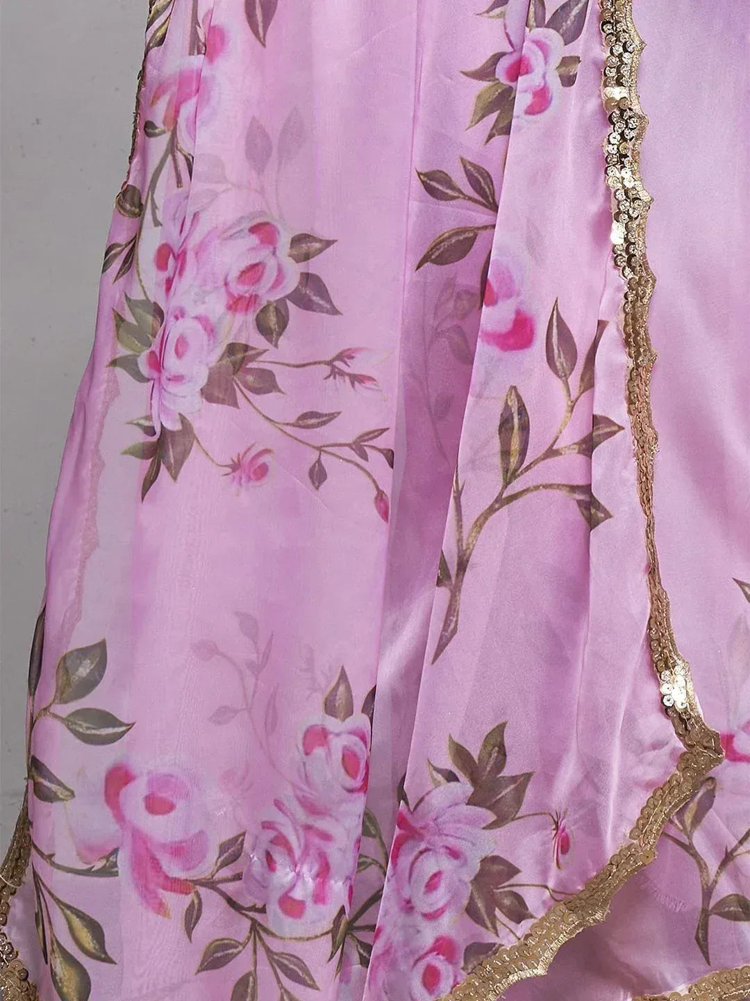 Pink floral printed ethnic dupatta with gold sequin border, perfect for lehenga or saree styling