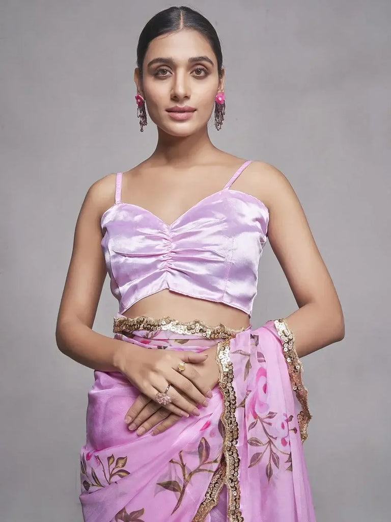 Tantalizing Pink Floral Printed Organza Party Wear Saree With Blouse