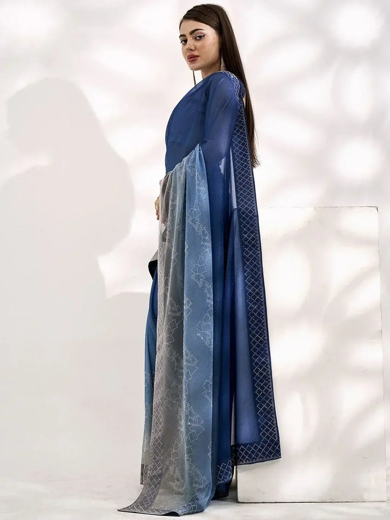 Majestic Blue Swarovski Work Lycra Party Wear Saree With Blouse