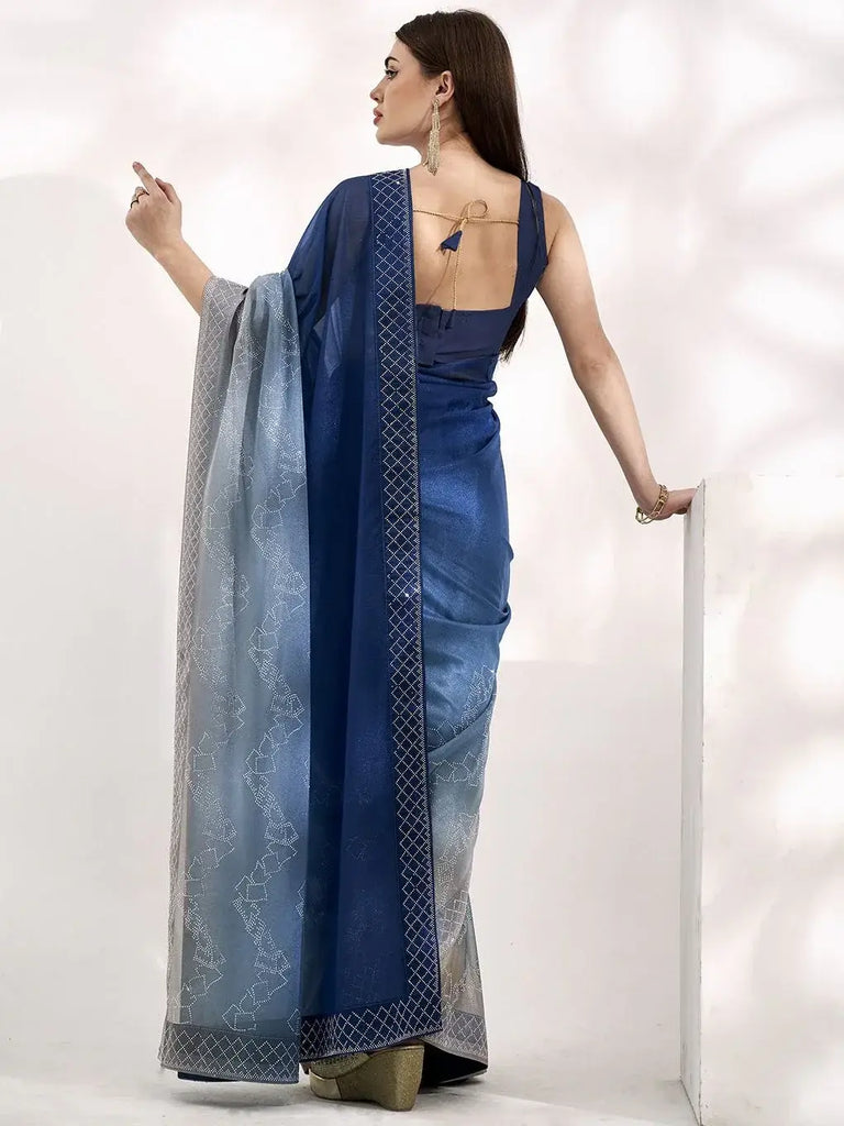 Majestic Blue Swarovski Work Lycra Party Wear Saree With Blouse