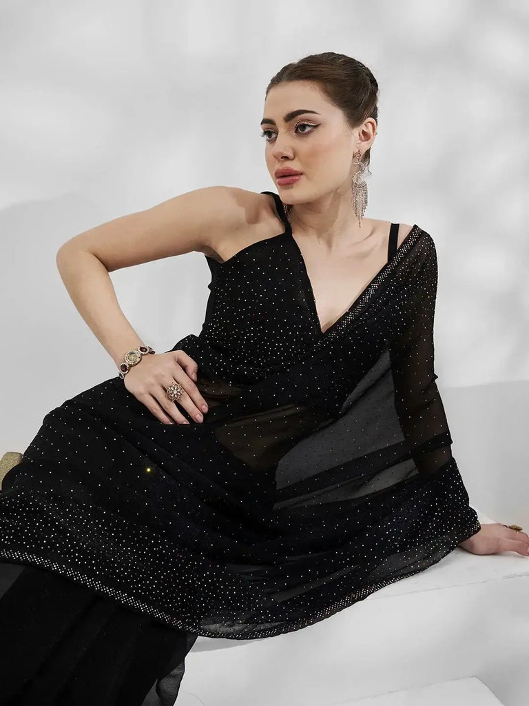 Great Black Swarovski Work Chiffon Reception Wear Saree With Blouse