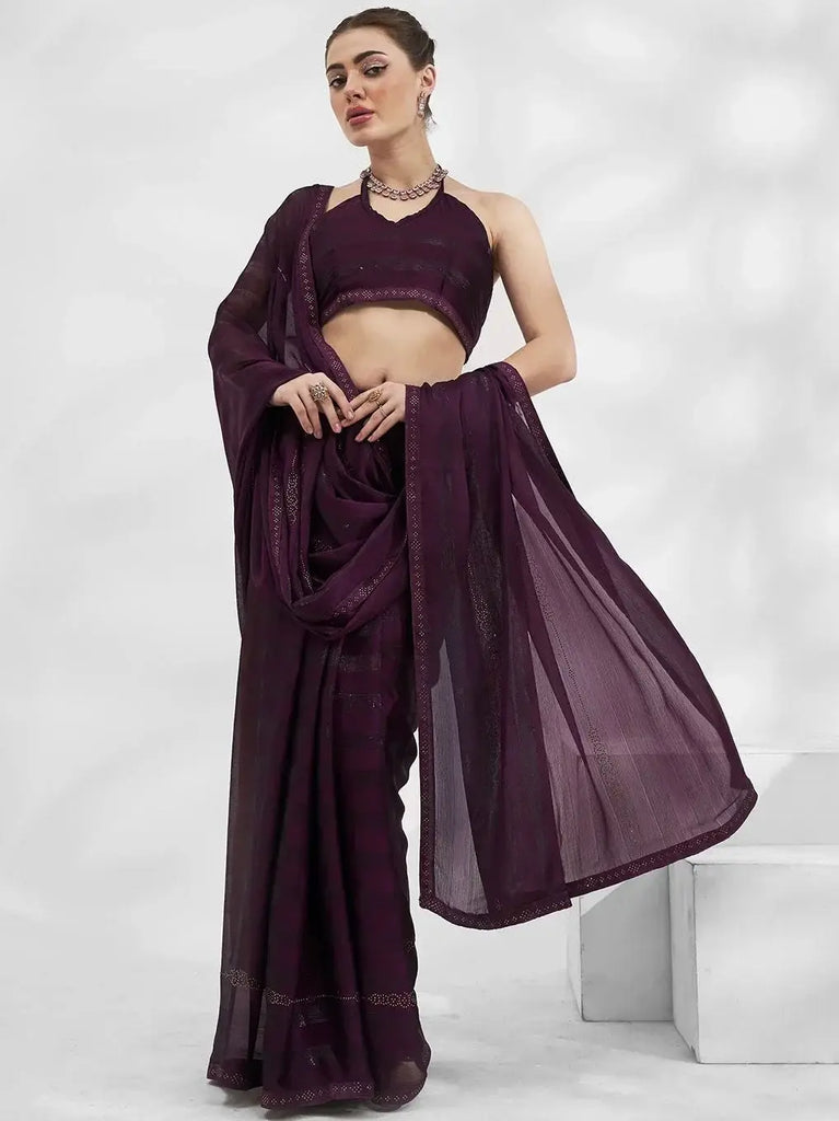 Spectacular Wine Swarovski Work Chiffon Designer Saree With Blouse