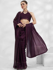 Spectacular Wine Swarovski Work Chiffon Designer Saree With Blouse