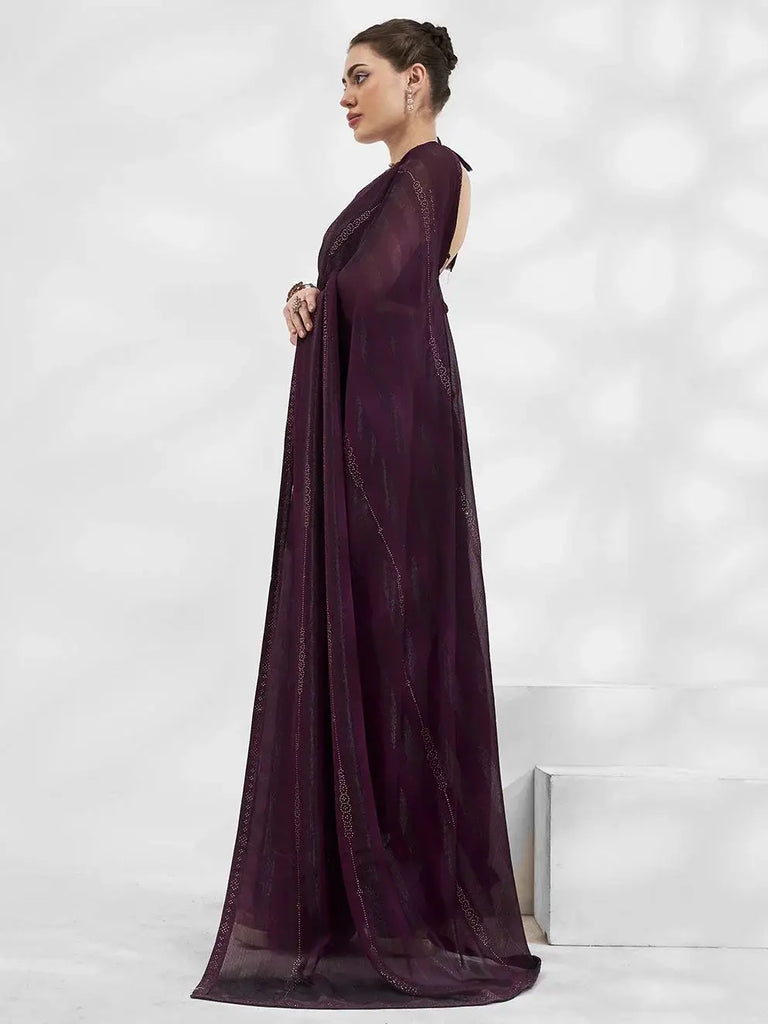 Spectacular Wine Swarovski Work Chiffon Designer Saree With Blouse
