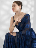 Alluring Blue Swarovski Work Jacquard Festival Wear Saree With Blouse