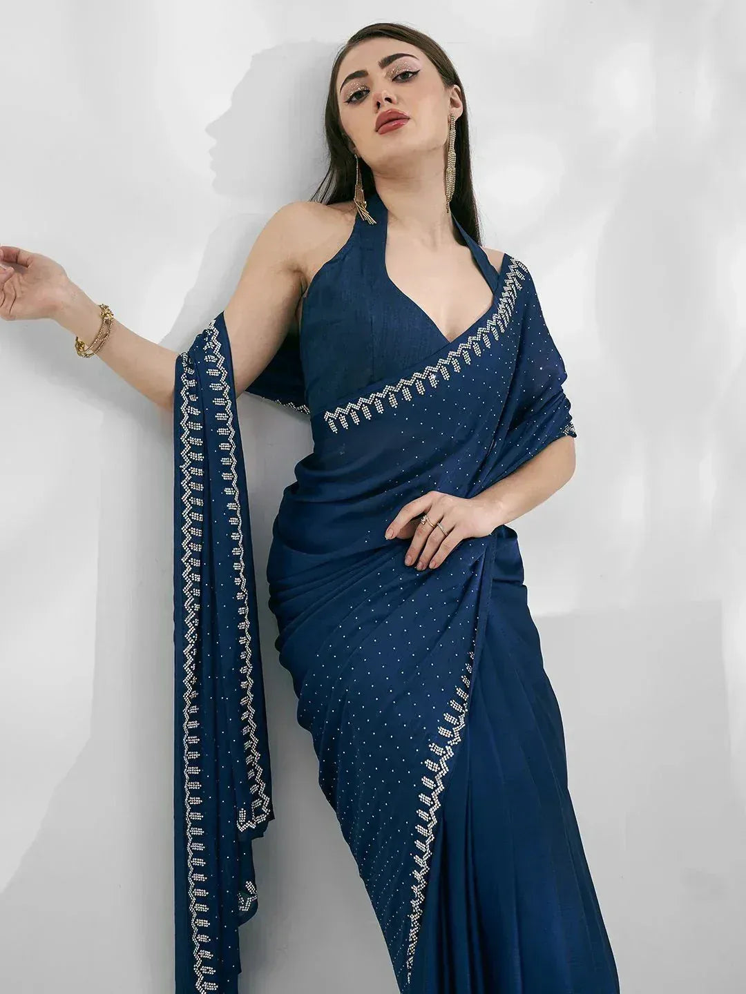 Navy blue saree gown with white embroidery, elegant ethnic wear for women