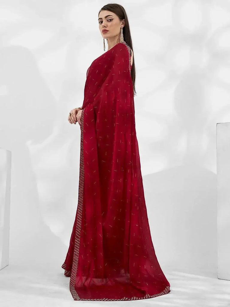 Bewitching Red Swarovski Work Satin Party Wear Saree With Blouse