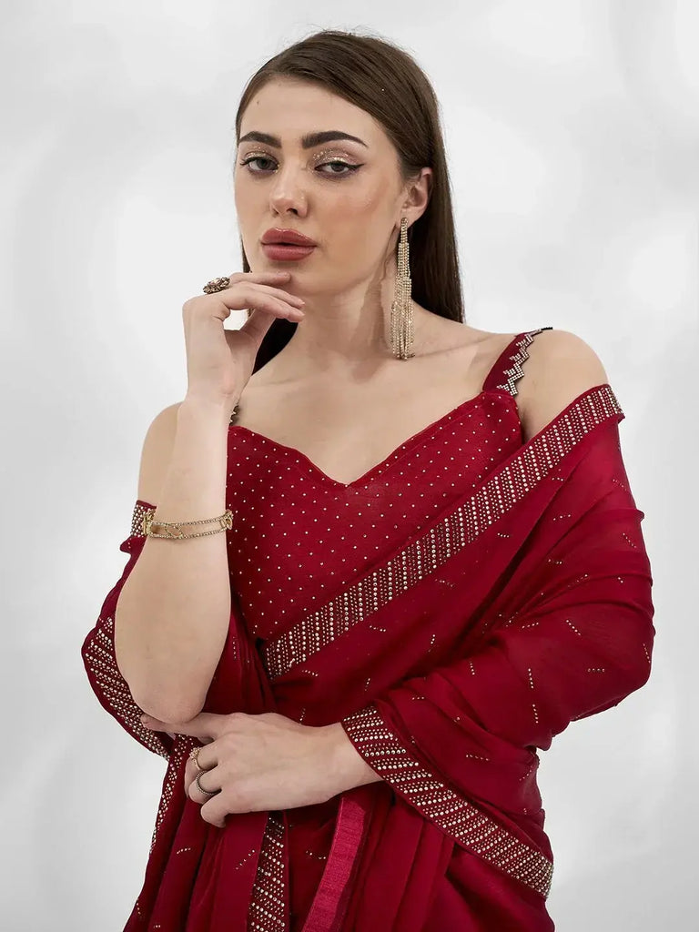Bewitching Red Swarovski Work Satin Party Wear Saree With Blouse