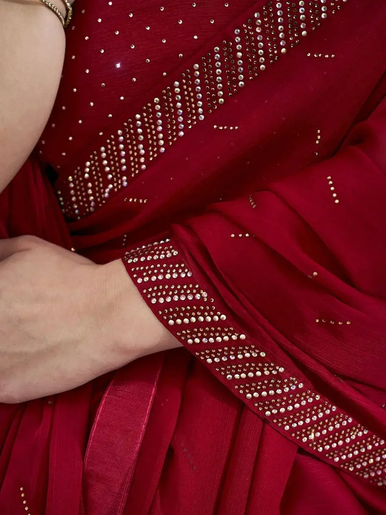 Bewitching Red Swarovski Work Satin Party Wear Saree With Blouse