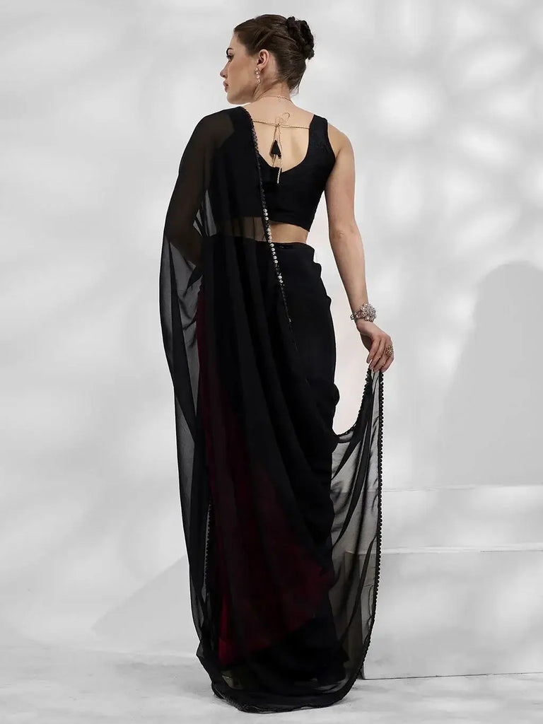 Gorgeous Black Georgette Cocktail Party Wear Plain Saree With Blouse