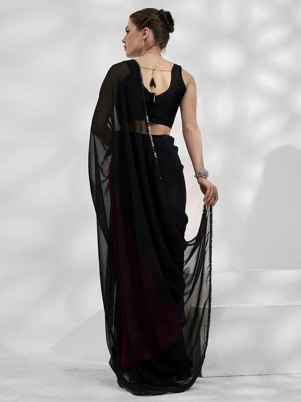 Black sheer saree with lace blouse, ethnic Indian wear for women, stylish party saree