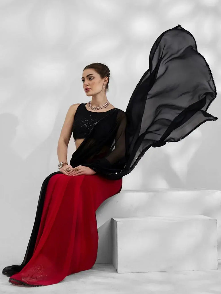 Gorgeous Black Georgette Cocktail Party Wear Plain Saree With Blouse