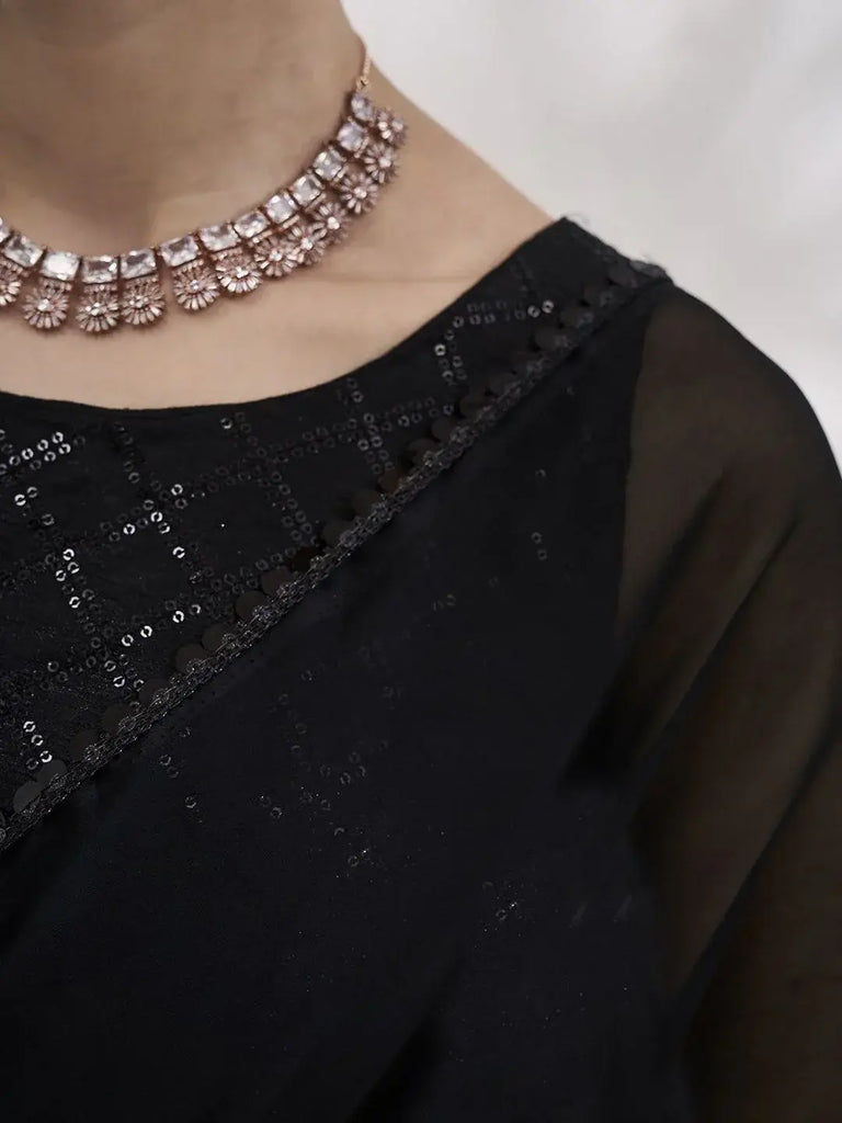 Gorgeous Black Georgette Cocktail Party Wear Plain Saree With Blouse