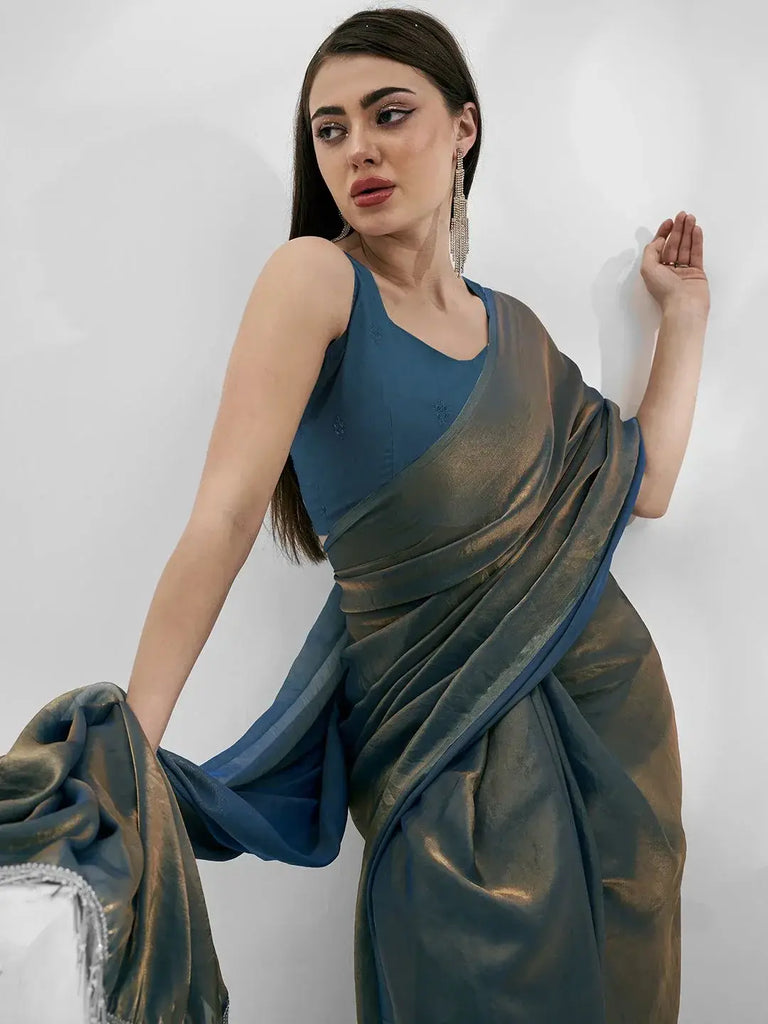 Charming Steel Blue Organza Function Wear Plain Saree With Blouse