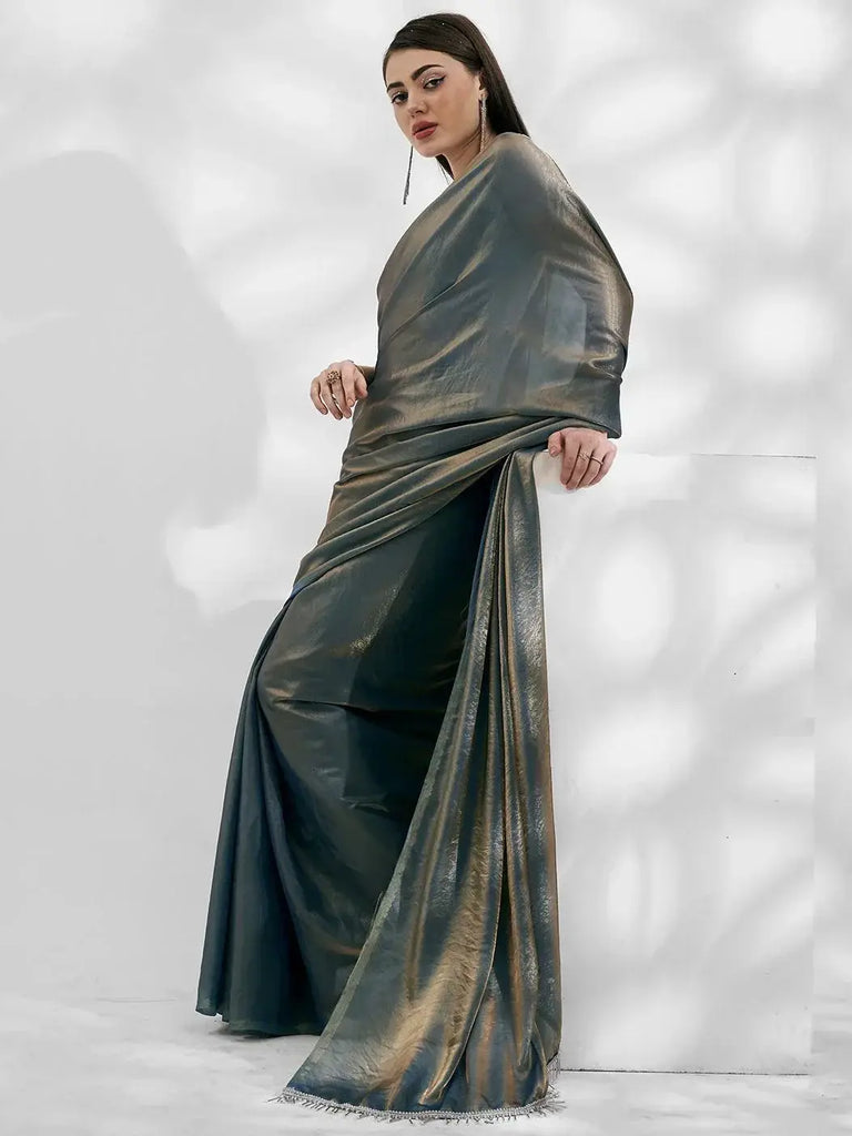 Charming Steel Blue Organza Function Wear Plain Saree With Blouse