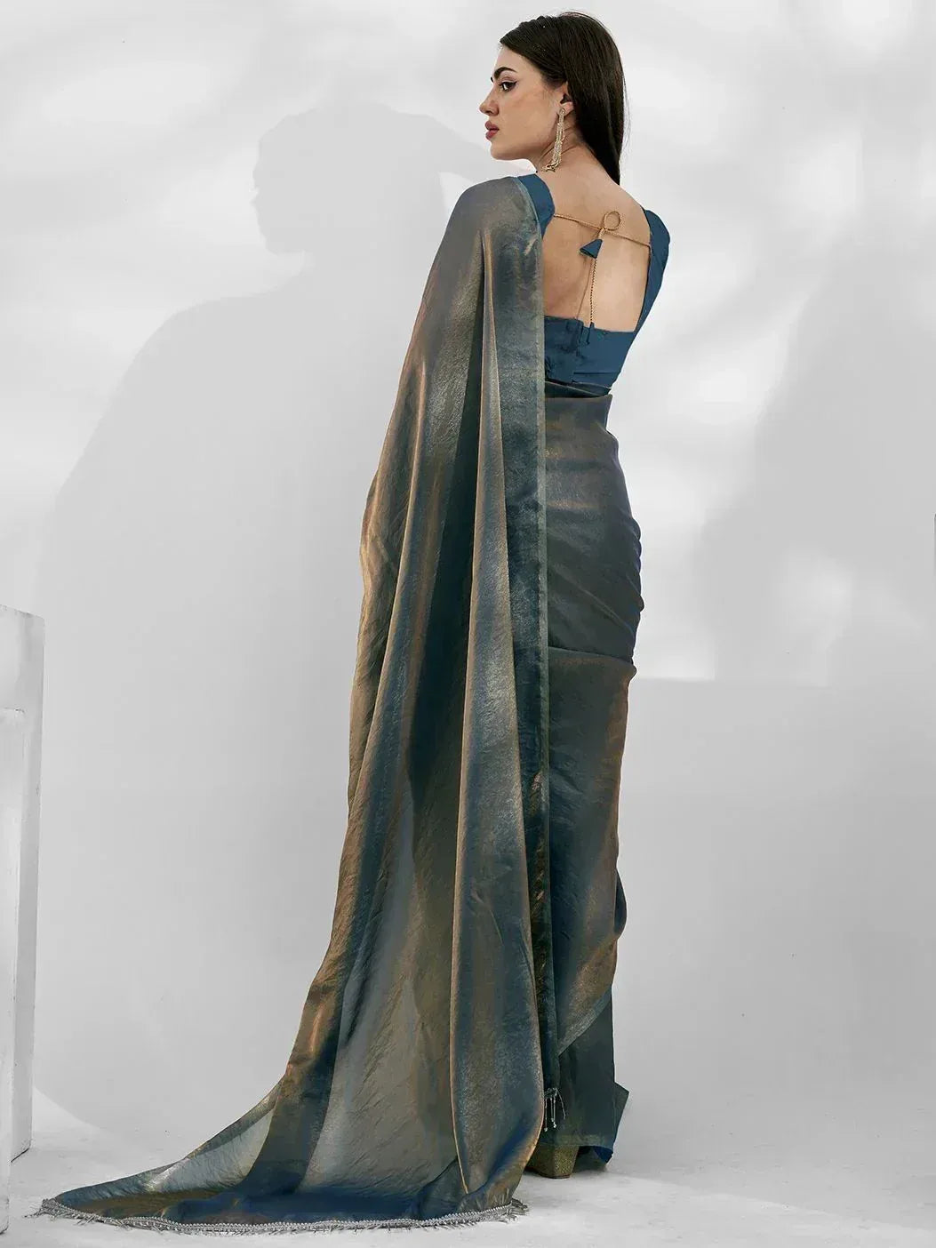 Blue designer saree with open back blouse and metallic pallu, ethnic wear for women