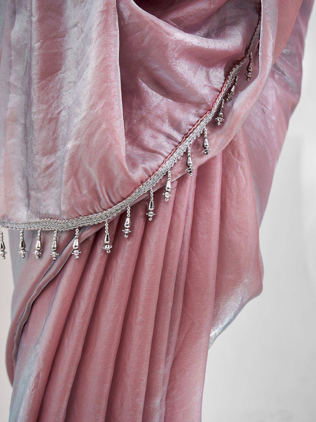 Pink velvet saree with silver tassel border, ethnic Indian wear