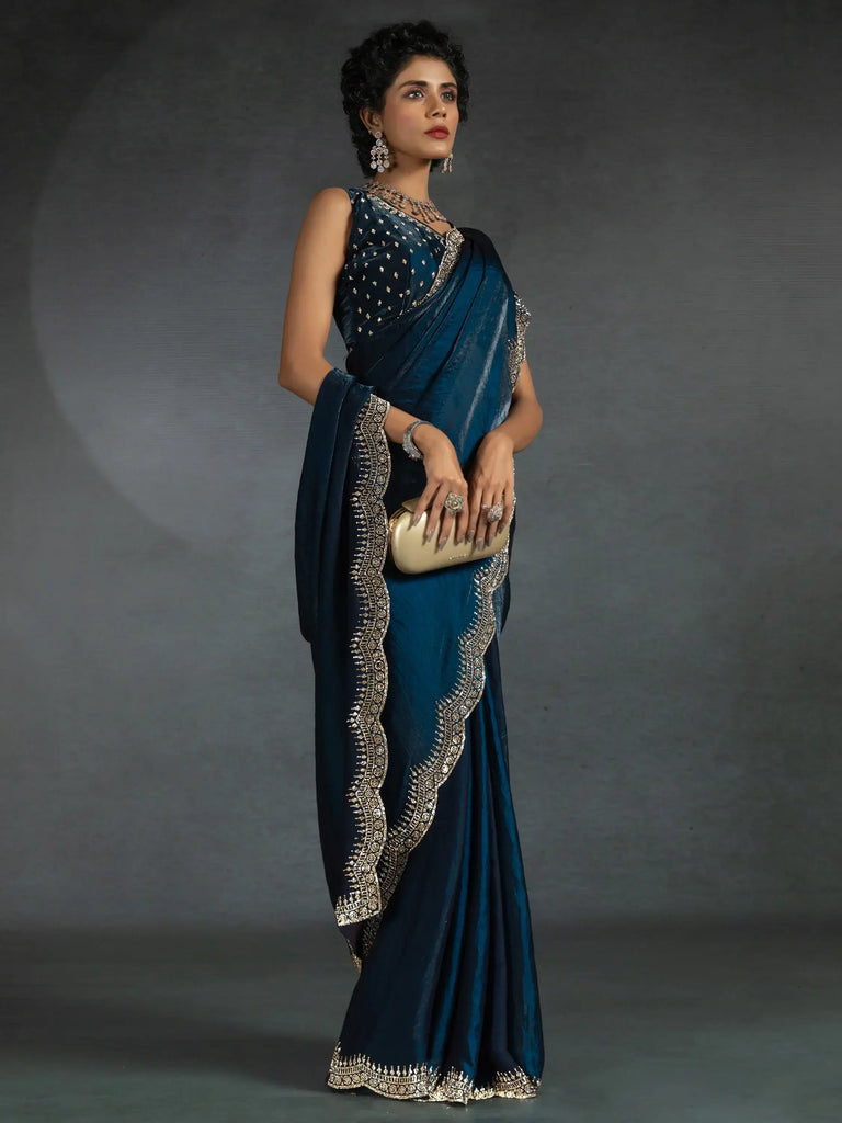 Beautiful Teal Blue Border Work Satin Festival Wear Saree With Blouse