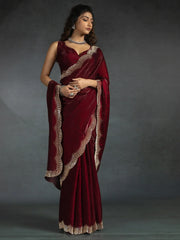 Incredible Maroon Hand Work Satin Wedding Saree With Blouse