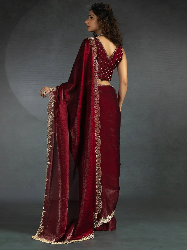 Incredible Maroon Hand Work Satin Wedding Saree With Blouse