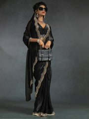 Marvelous Black Border Work Satin Party Wear Saree With Blouse