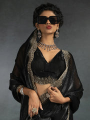 Marvelous Black Border Work Satin Party Wear Saree With Blouse
