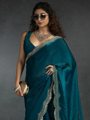 Awesome Teal Blue Satin Engagement Wear Saree With Blouse