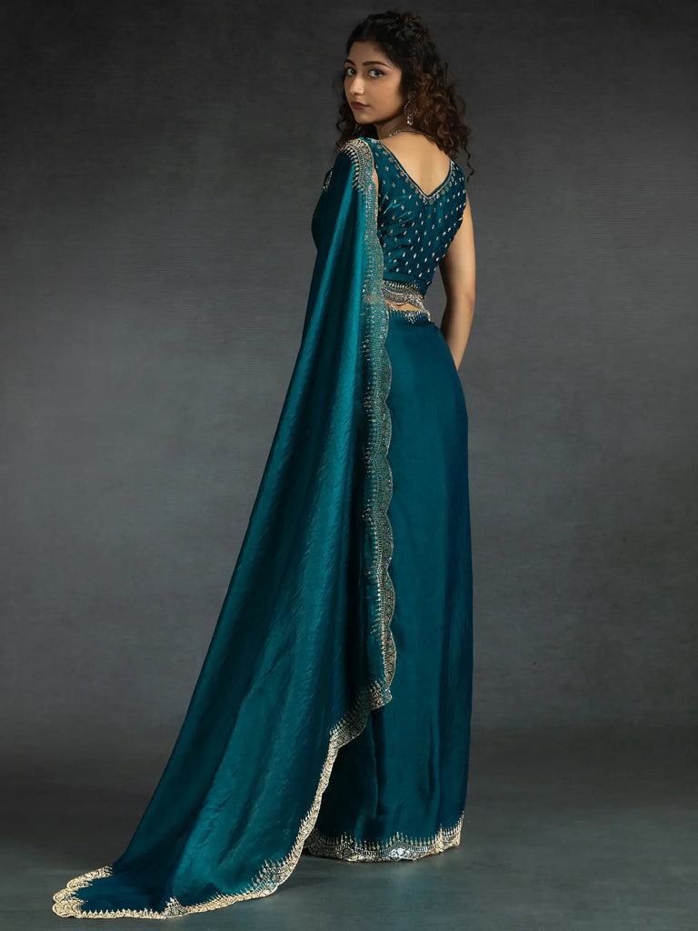 Awesome Teal Blue Satin Engagement Wear Saree With Blouse