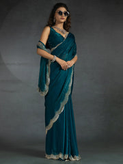 Awesome Teal Blue Satin Engagement Wear Saree With Blouse