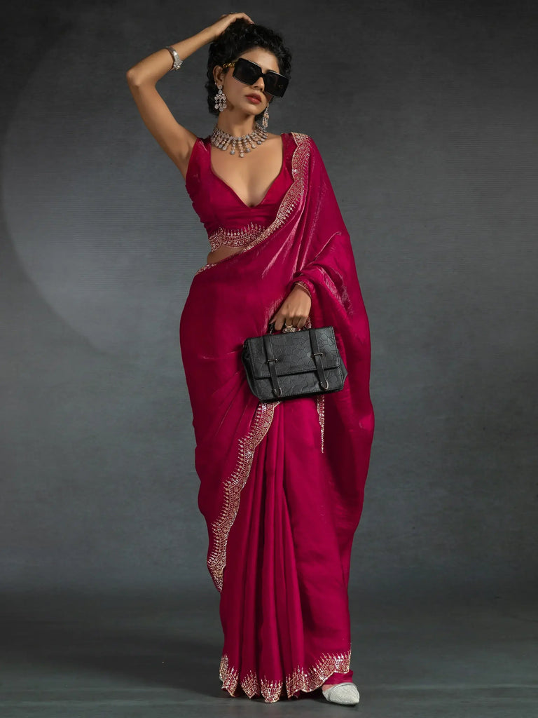 Amazing Rani Pink Border Work Satin Festival Wear Saree With Blouse