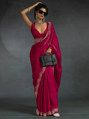 Amazing Rani Pink Border Work Satin Festival Wear Saree With Blouse