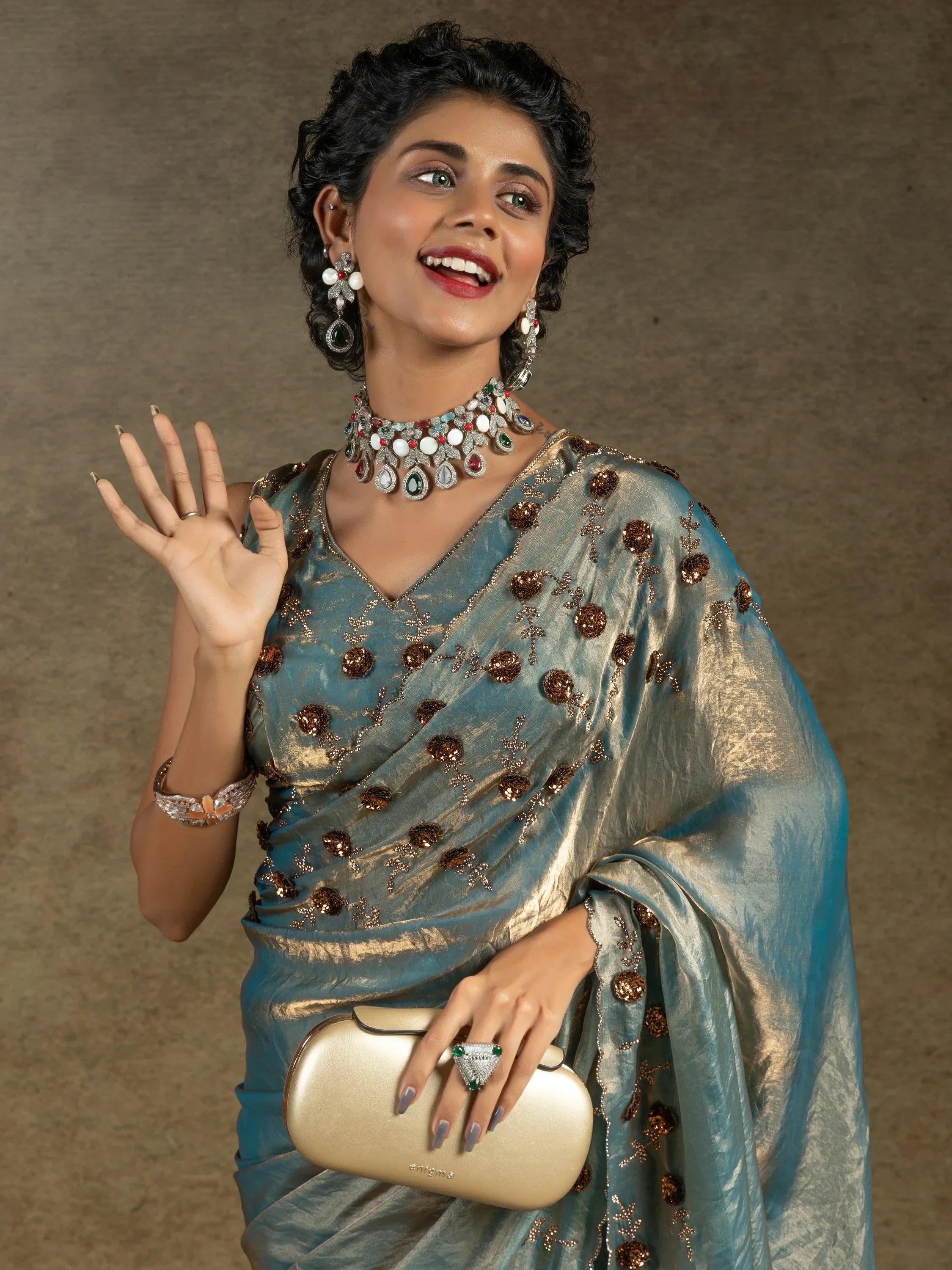 Captivating Blue Jarkan Work Satin Bollywood Saree With Blouse