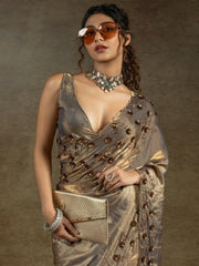 Fascinating Golden Jarkan Work Satin Party Wear Saree With Blouse